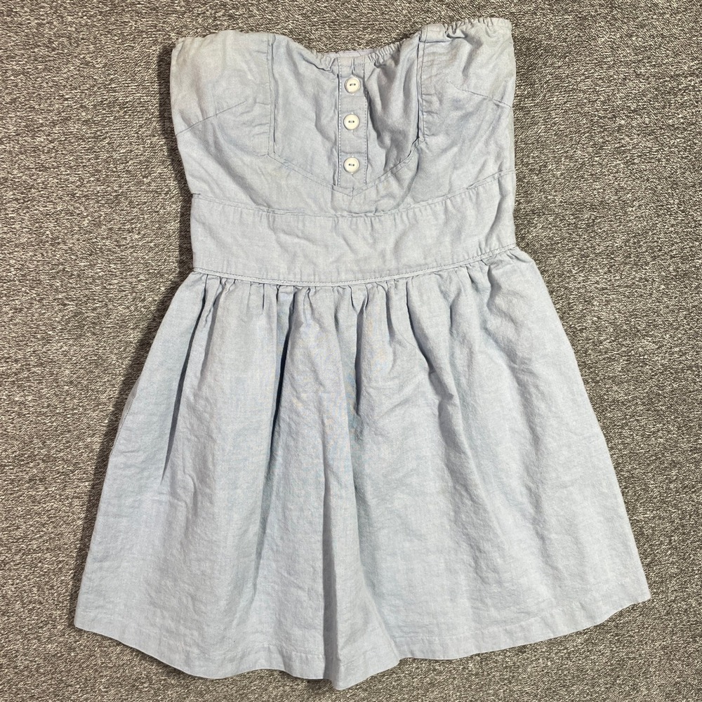 Jack BB Dakota Strapless Chambray Mini Dress Light Blue Cotton XS PS18662